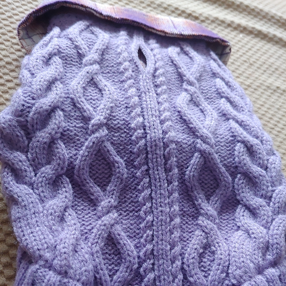 Dog sweater purple with plaid trim pull on snaps at neck